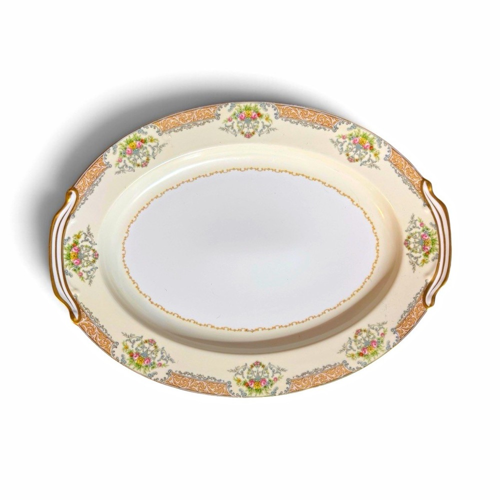 Noritake Occupied Japan Oval Porcelain Platter Floral Gold Trim Handles 16"